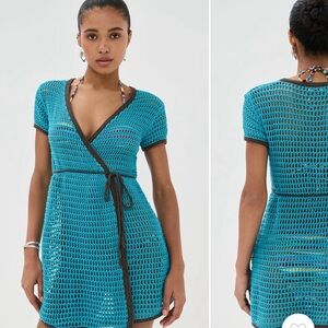 STAUD Turquoise Crochet Mini Dress Coverup